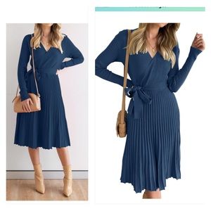 Long sleeve V Neck Ribbed Knit Pleated A Line Pullover Sweaterdress with Belt.